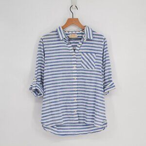 Barbour Craster Striped Button Down Shirt Blue White Cotton Relaxed Women's ?